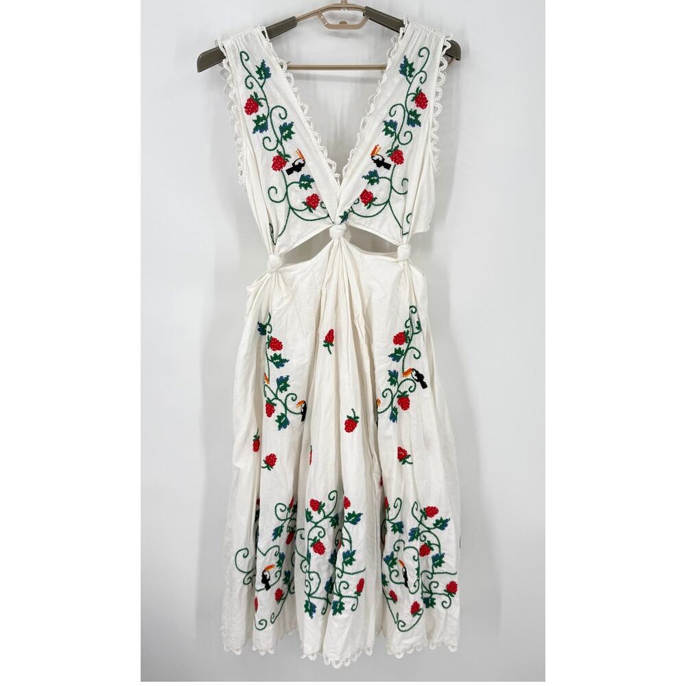 FARM Rio White Midi Dress with Red & Green Floral Embroidery - Picture 2 of 10
